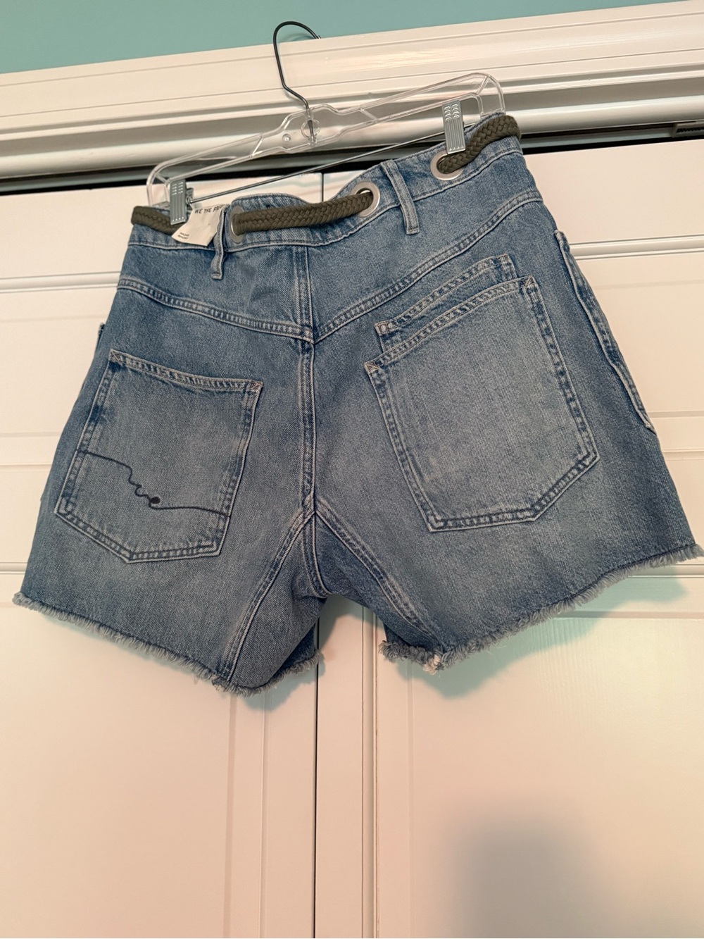 Free People MOXIE Light Blue Denim Jean Shorts with Olive Drawstring - Picture 7 of 8